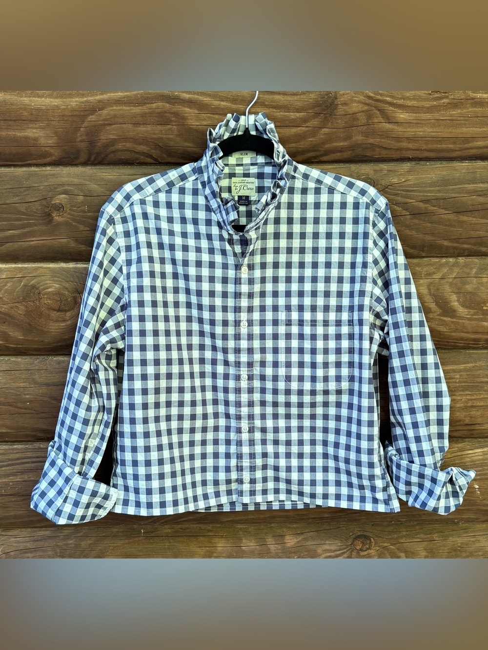 Upcycled J. Crew Navy and White Gingham Button-Down Shirt with Ruffle Neck
